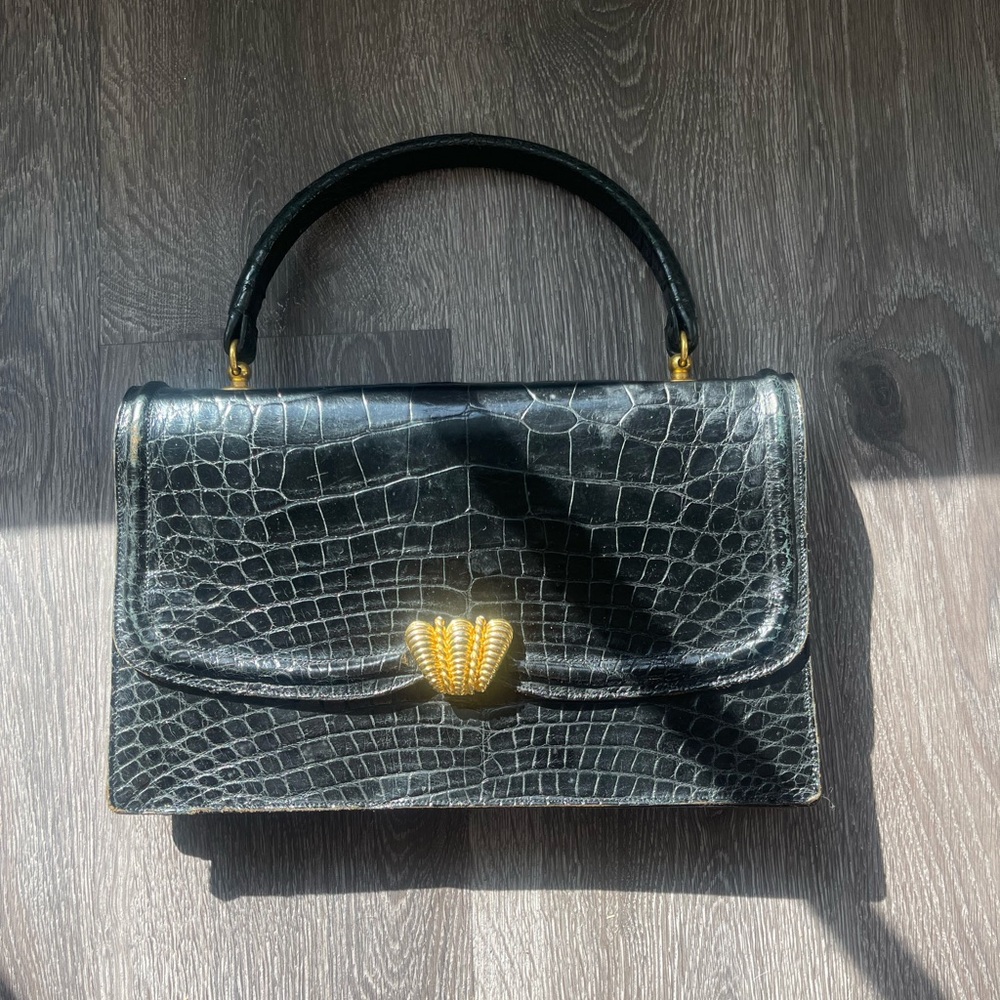 Vintage Koret Bag with Genuine Black Crocodile material and Gold clasp